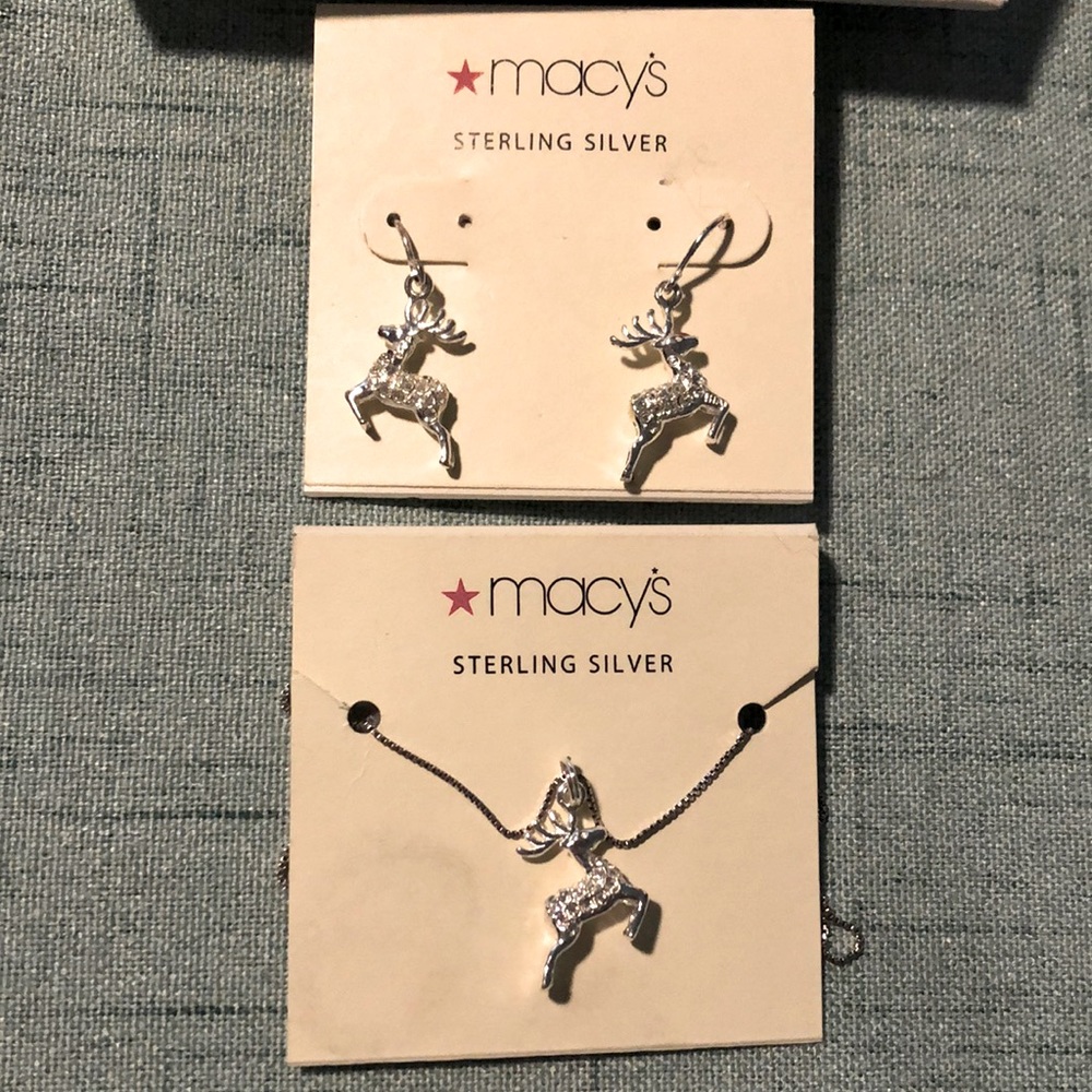 NWT Sterling Silver Reindeer Earrings and Necklace Holiday Christmas